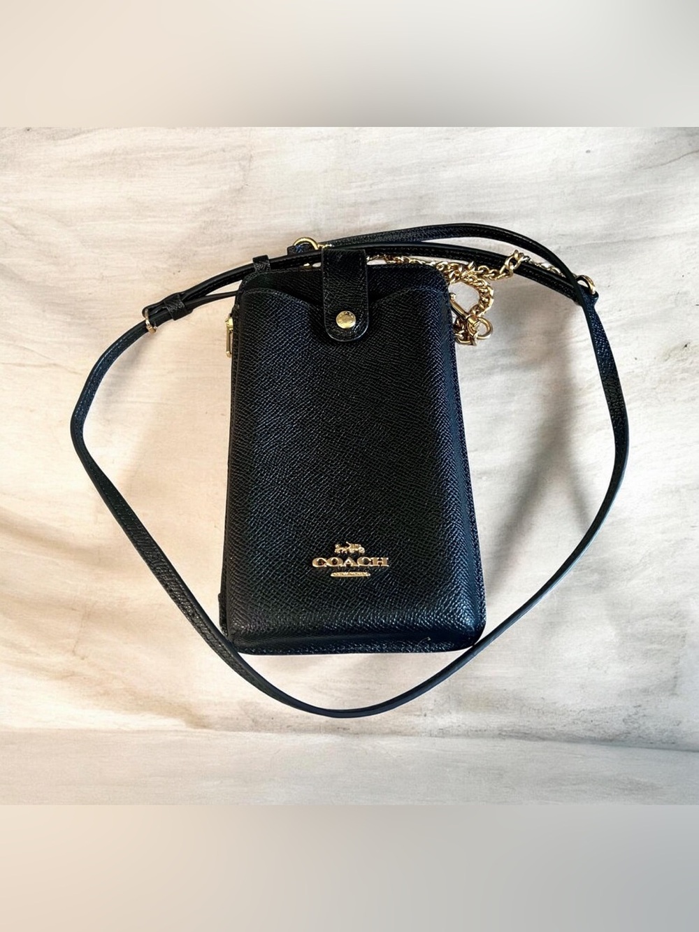 Coach Women’s North/South Phone Crossbody – Black with Gold Hardware